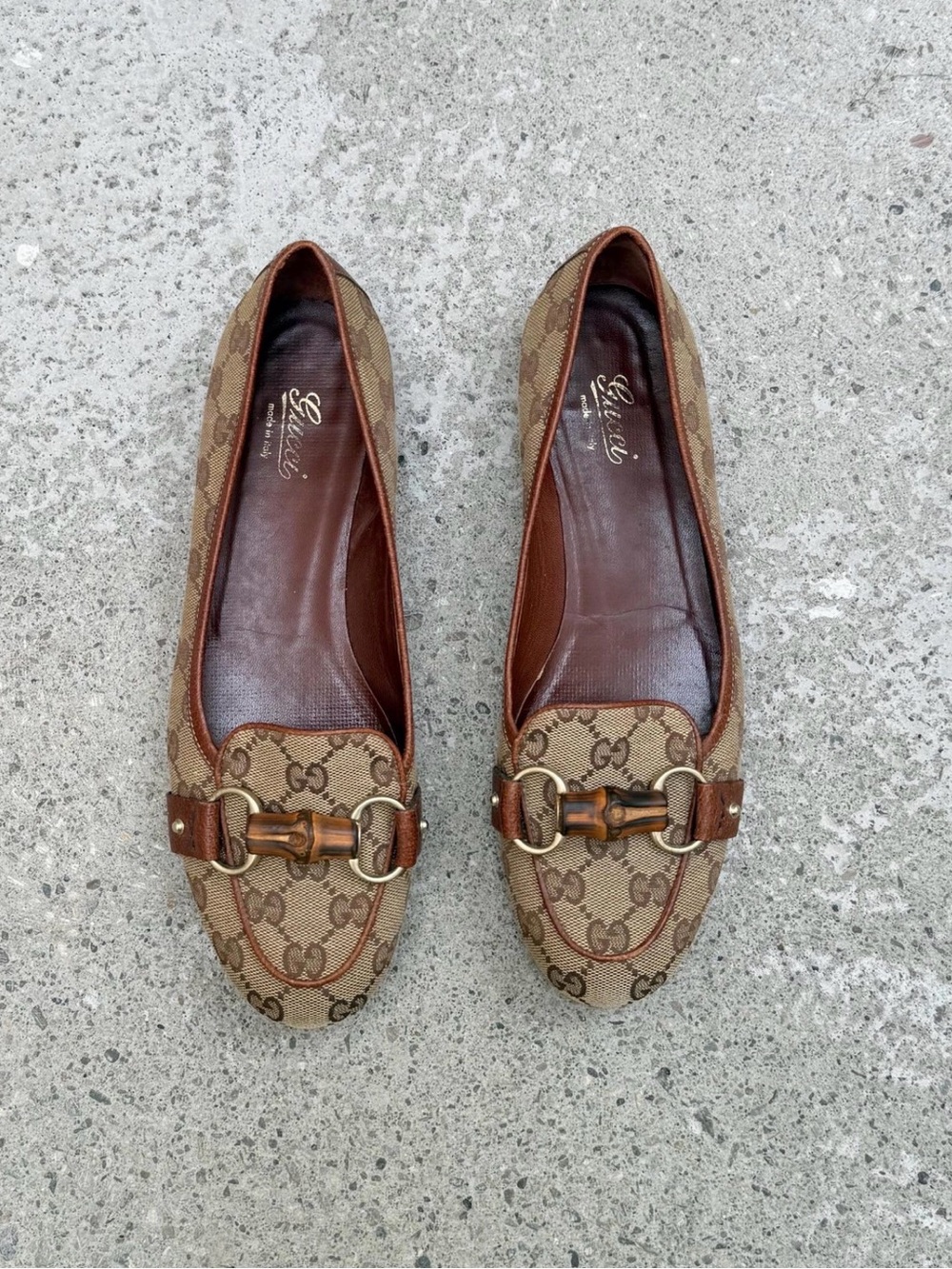 Gucci Brown GG Canvas Loafers with Bamboo Bit